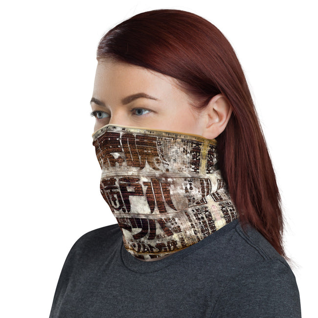 Japanese Newspaper Print Neck Gaiter, Antique Print Face Mask, Cloth Face Cover/Neck Tube, PF - 11193