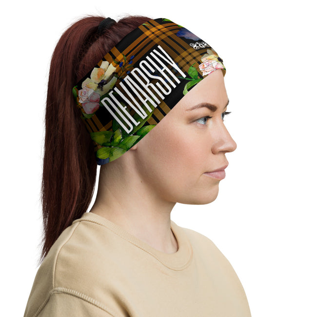Brown Checks Floral Neck Gaiter, Fabric Face Mask Neck Tube, PF - 11256