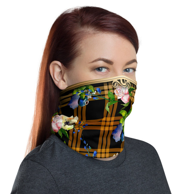 Brown Checks Floral Neck Gaiter, Fabric Face Mask Neck Tube, PF - 11256