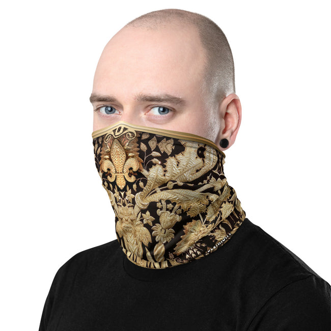 Luxury Zardouzi From India Printed Neck Gaiter, Gold Embroidery Print Mask, PF - 11362