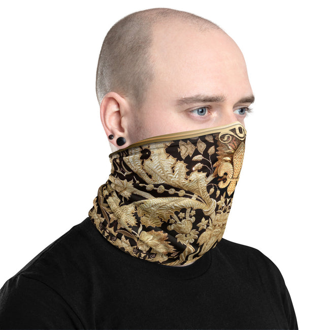 Luxury Zardouzi From India Printed Neck Gaiter, Gold Embroidery Print Mask, PF - 11362