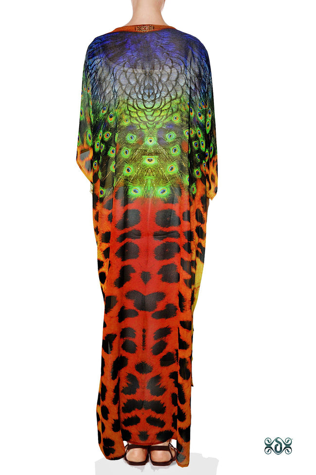 NATURE MORTE Cheetah Peacock Devarshy Long Georgette Kimono Jacket