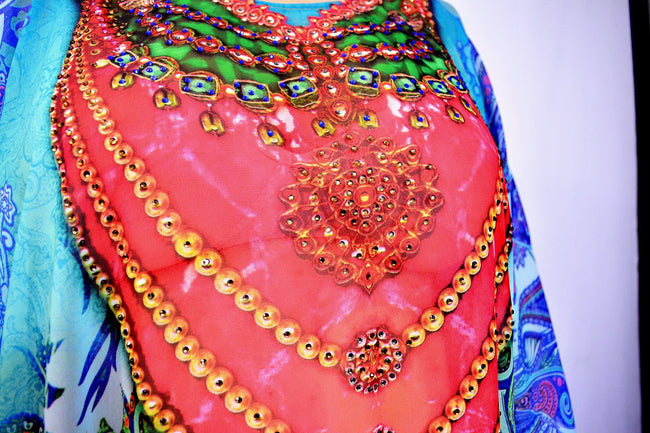 Devarshy Digital print Aqua Paisley Design Long Embellished Kaftan Gown - Paisley Aqua , Apparel - DEVARSHY, DEVARSHY
 - 4