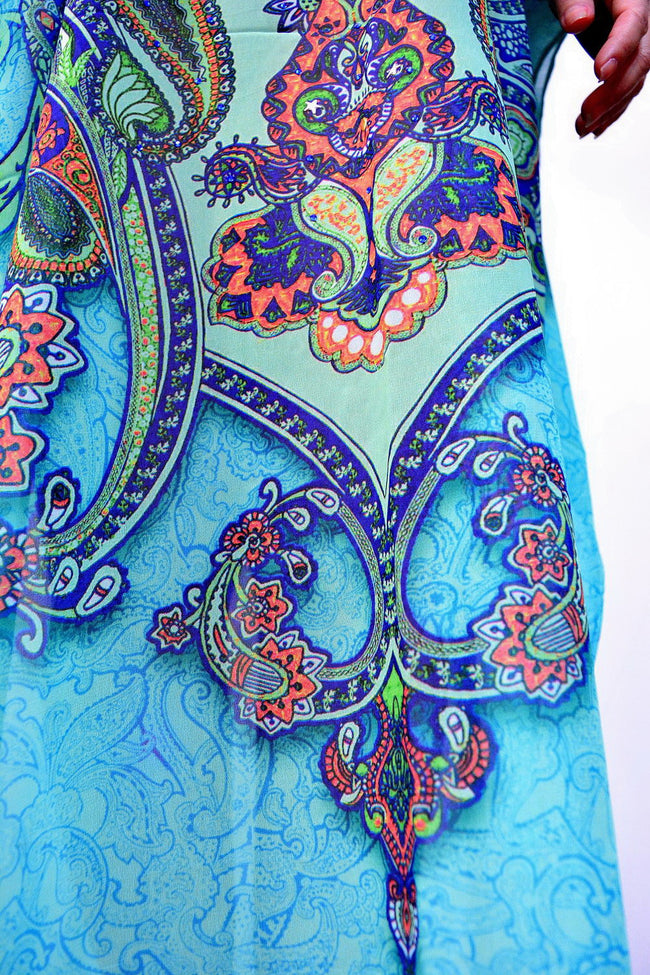 Devarshy Digital print Aqua Paisley Design Long Embellished Kaftan Gown - Paisley Aqua , Apparel - DEVARSHY, DEVARSHY
 - 5