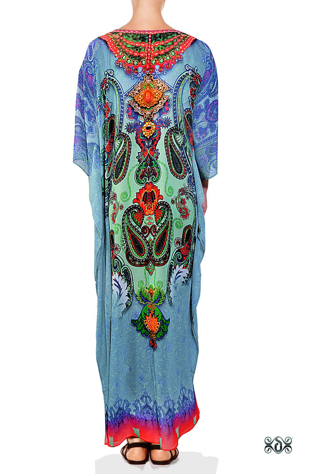 Devarshy Digital print Aqua Paisley Design Long Embellished Kaftan Gown - Paisley Aqua , Apparel - DEVARSHY, DEVARSHY
 - 3