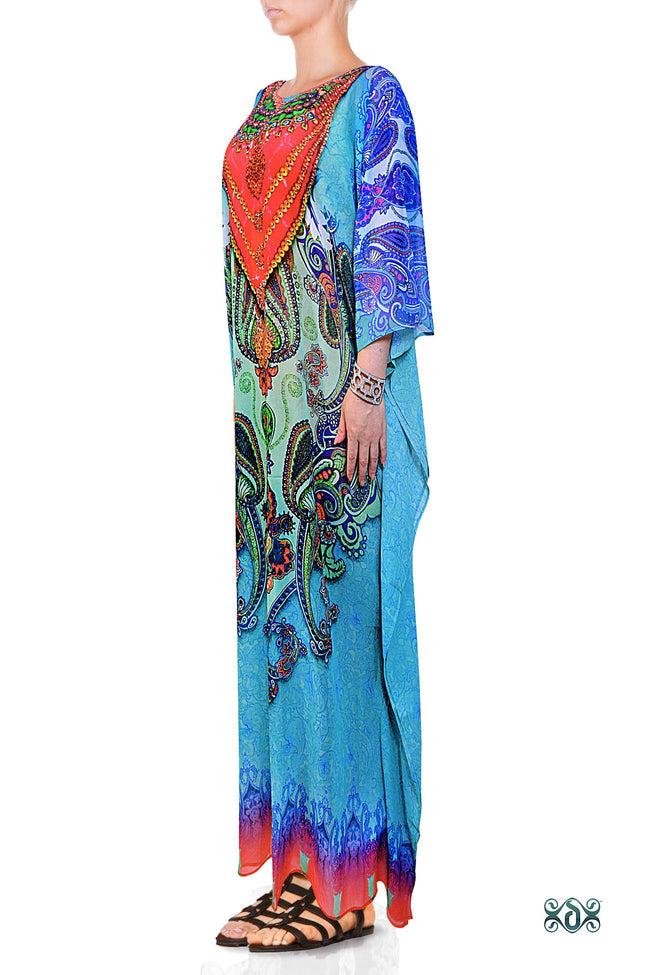 Devarshy Digital print Aqua Paisley Design Long Embellished Kaftan Gown - Paisley Aqua , Apparel - DEVARSHY, DEVARSHY
 - 2