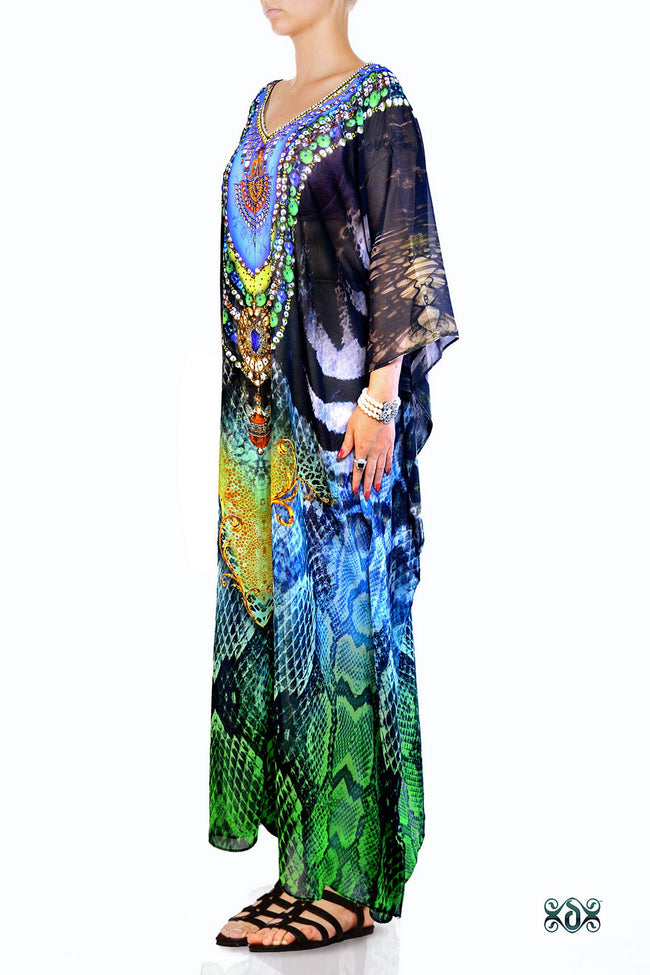 Devarshy Green Elegant Animal Print Long Embellished Designer Kaftan Gown - 003A , Apparel - DEVARSHY, DEVARSHY
 - 2