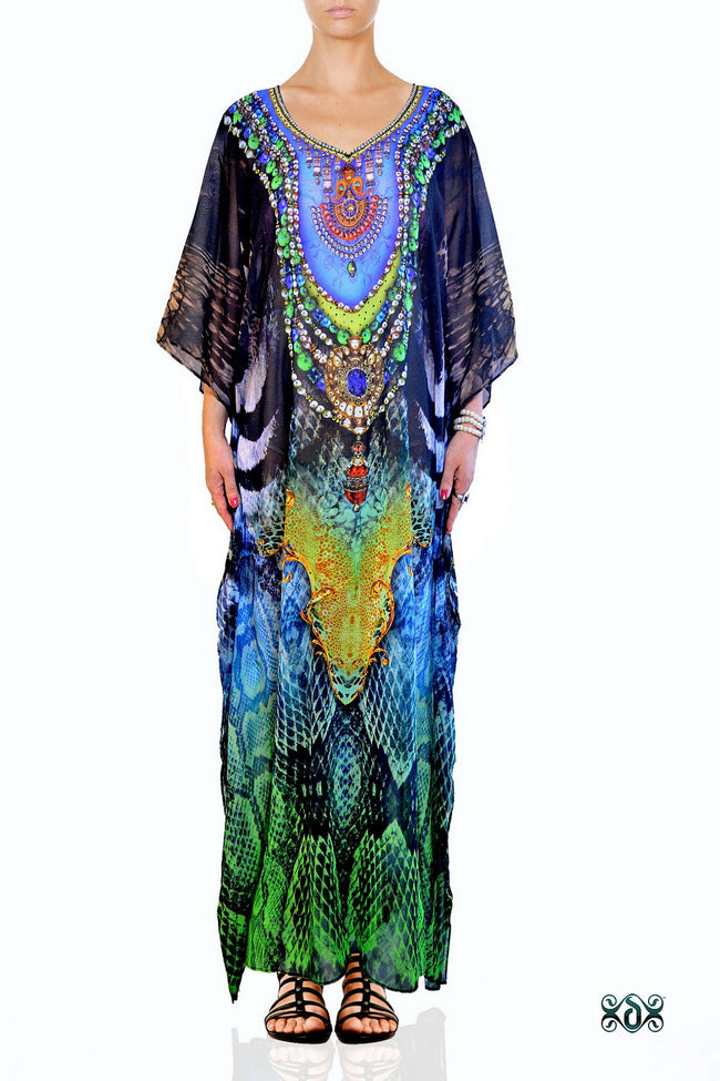 Devarshy Green Elegant Animal Print Long Embellished Designer Kaftan Gown - 003A , Apparel - DEVARSHY, DEVARSHY
 - 1
