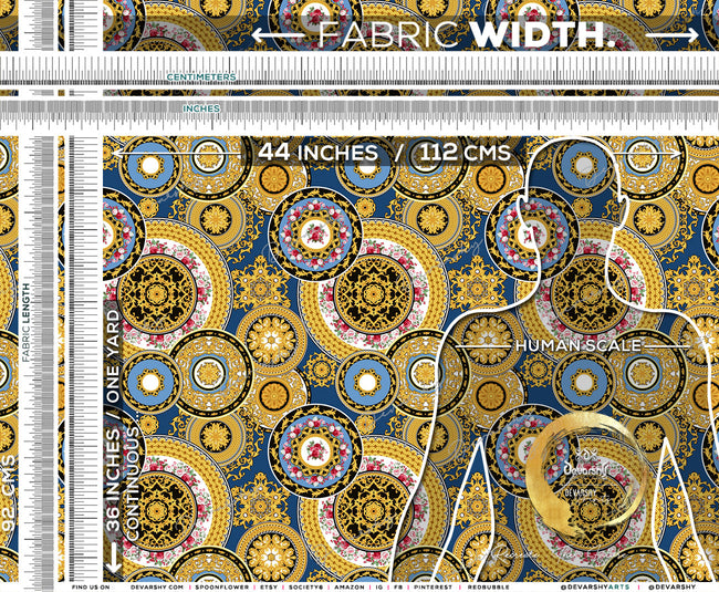 Gold Circles Apparel Fabric 3Meters+, 9 Designs | 8 Fabrics Option | Baroque Fabric By the Yard | 031