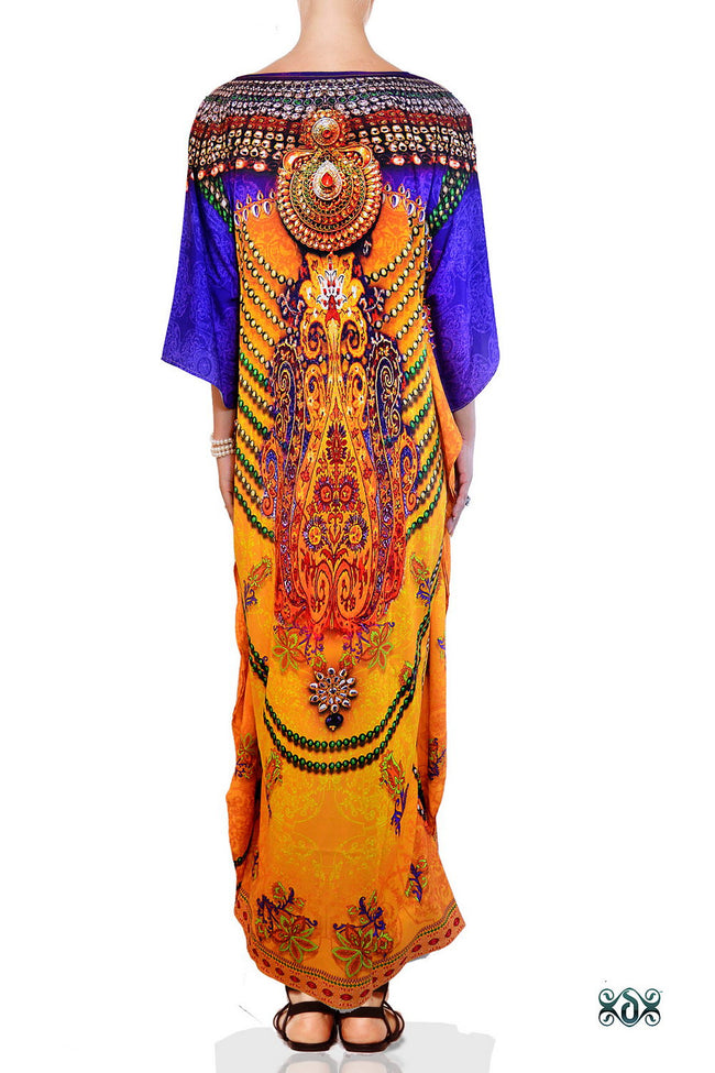 Devarshy Designer Majestic Decorative Long Embellished Kaftan Gown - Yellow Purple , Apparel - DEVARSHY, DEVARSHY
 - 3