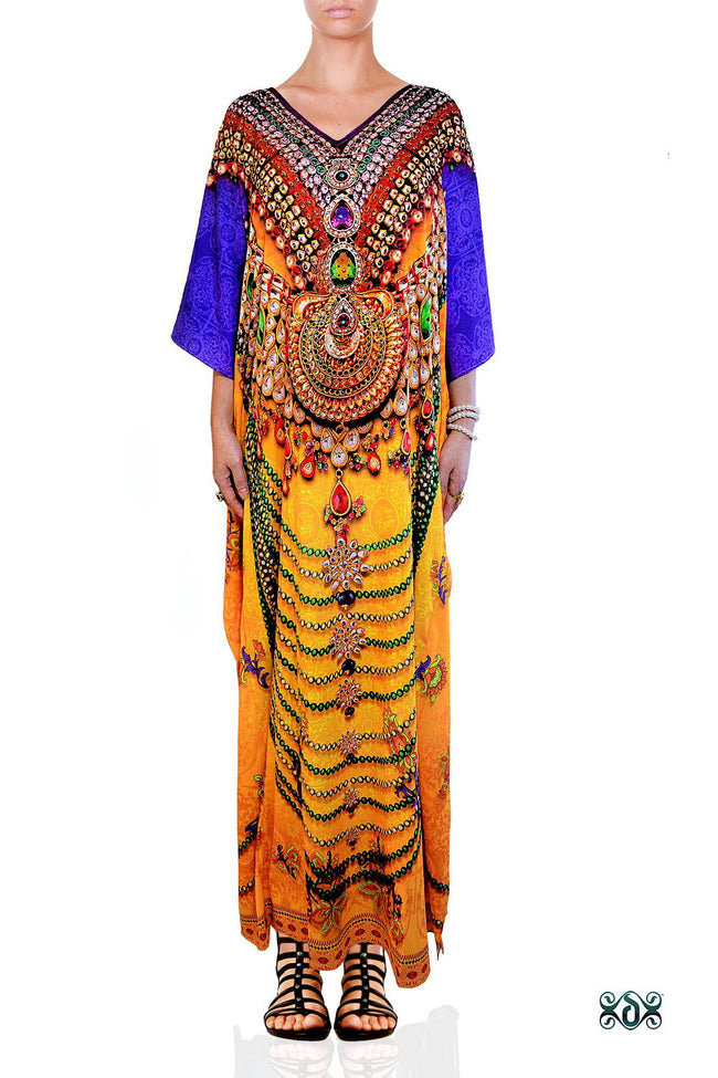 Devarshy Designer Majestic Decorative Long Embellished Kaftan Gown - Yellow Purple , Apparel - DEVARSHY, DEVARSHY
 - 1