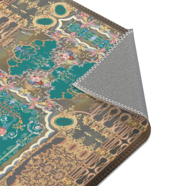 Turquoise Floral Print Area Rug Chenille Carpet Baroque Rug Available in 3 sizes | D20001