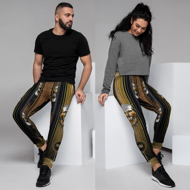 Black Gold Aviator Skulls Print Sweatpants, Unisex Joggers For Winter, PF - 101250B