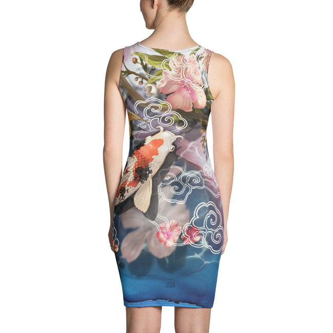Sakura Life Giving Koi Fish Printed Dress, Spandex Floral Bodycon Dress, Devarshy Dress, PF - 1140