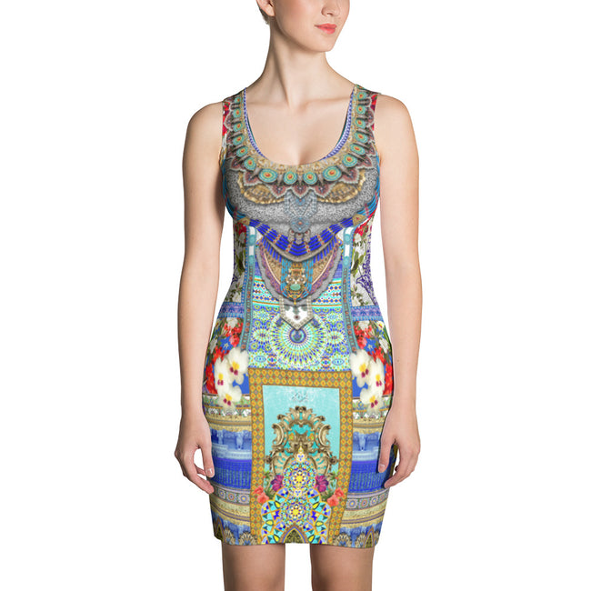 Beautiful Aqua Fez Printed Bodycon Dress, Spandex Sheath Dress, Devarshy Dress,  PF - FIFTY002