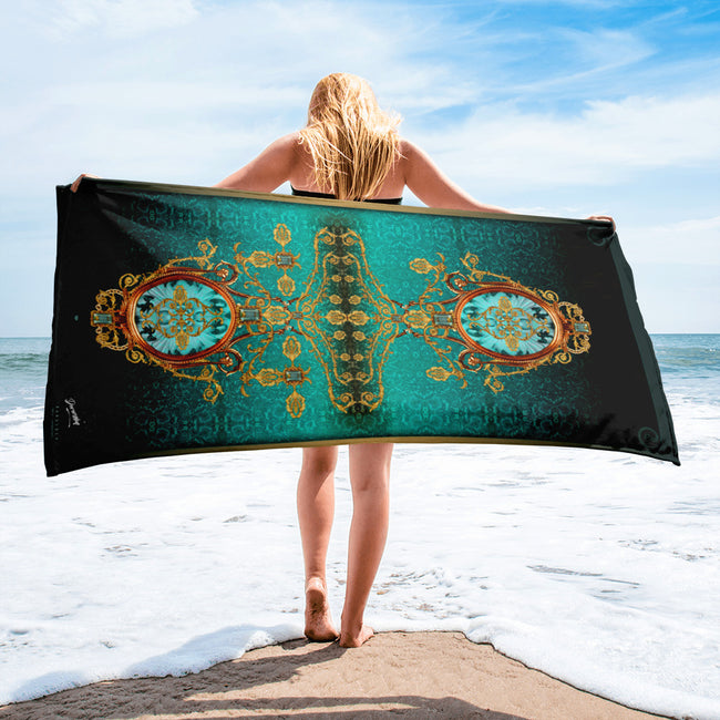 Baroque Ornate Green Printed Cotton Towel, Green Beach Towel, Devarshy Bath, PF - 1093B