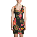 Red Florals Black Printed Dress, Spandex Sheath Dress, Sleeveless Bodycon Dress, Devarshy Dress, PF - 2389