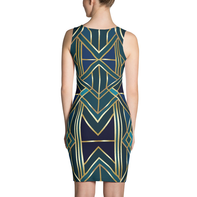 Reflective Turquoise Spandex Dress, Printed Bodycon Dress, Devarshy Sheath Dress, PF - 7764B
