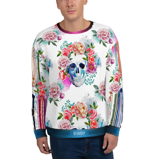 Skulls and Flowers White Unisex Sweatshirt Casual Wear, PF - 101328