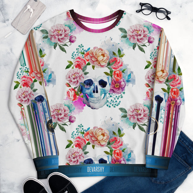 Skulls and Flowers White Unisex Sweatshirt Casual Wear, PF - 101328