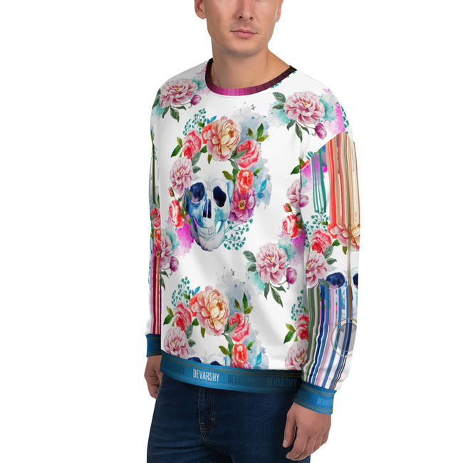 Skulls and Flowers White Unisex Sweatshirt Casual Wear, PF - 101328