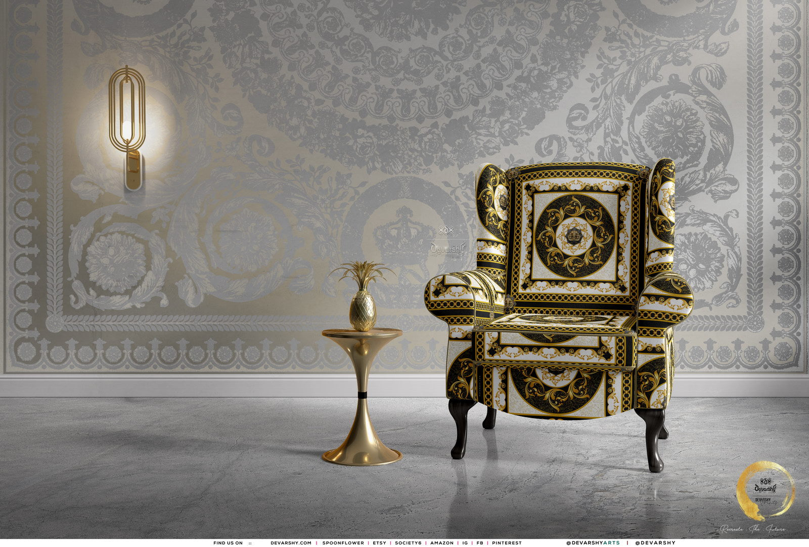 Golden Squares Upholstery Fabric 3meters, 6 Designs, 13 Fabric Options.  Baroque Fabric By the Yard, 039